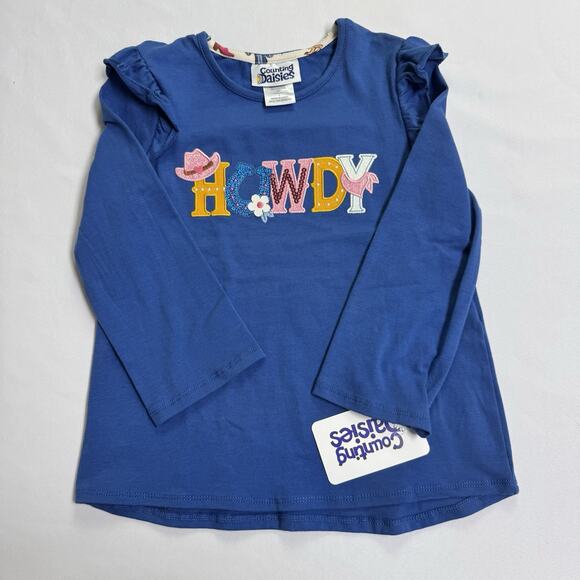 Counting Daisies Howdy Western Applique Ruffle Top Girl's Size 6 Blue - Picture 1 of 6